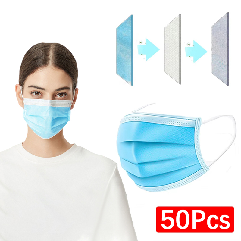 50Pcs Unisex 3-layer Mask Face - Disposable Mask Blue review and price